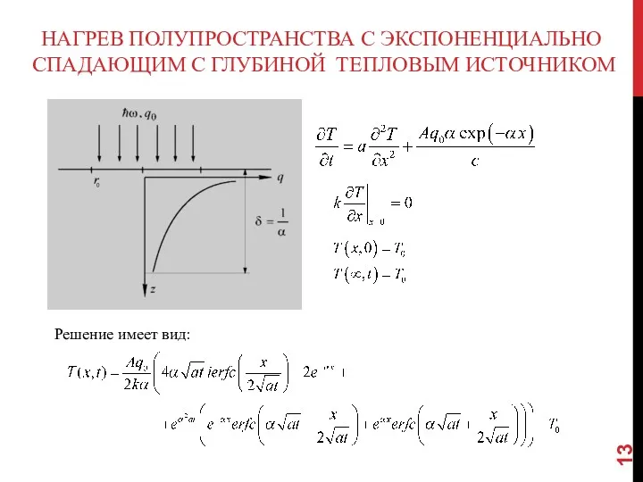 НАГРЕВ ПОЛУПРОСТРАНСТВА С ЭКСПОНЕНЦИАЛЬНО СПАДАЮЩИМ С ГЛУБИНОЙ ТЕПЛОВЫМ ИСТОЧНИКОМ Решение имеет вид: