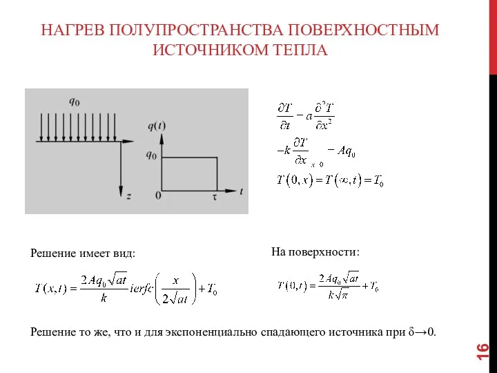 НАГРЕВ ПОЛУПРОСТРАНСТВА ПОВЕРХНОСТНЫМ ИСТОЧНИКОМ ТЕПЛА Решение имеет вид: На поверхности: