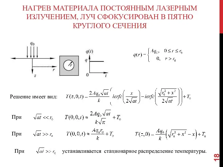 НАГРЕВ МАТЕРИАЛА ПОСТОЯННЫМ ЛАЗЕРНЫМ ИЗЛУЧЕНИЕМ, ЛУЧ СФОКУСИРОВАН В ПЯТНО КРУГЛОГО