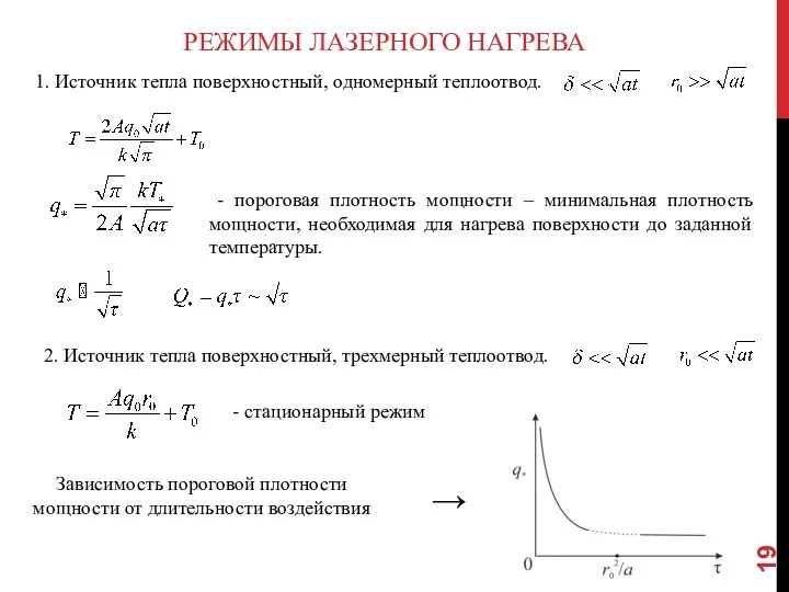 РЕЖИМЫ ЛАЗЕРНОГО НАГРЕВА 1. Источник тепла поверхностный, одномерный теплоотвод. -