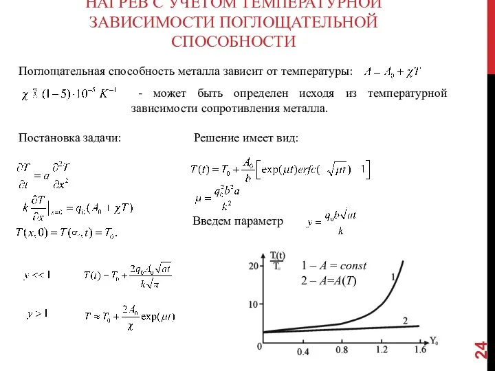 НАГРЕВ С УЧЕТОМ ТЕМПЕРАТУРНОЙ ЗАВИСИМОСТИ ПОГЛОЩАТЕЛЬНОЙ СПОСОБНОСТИ Поглощательная способность металла