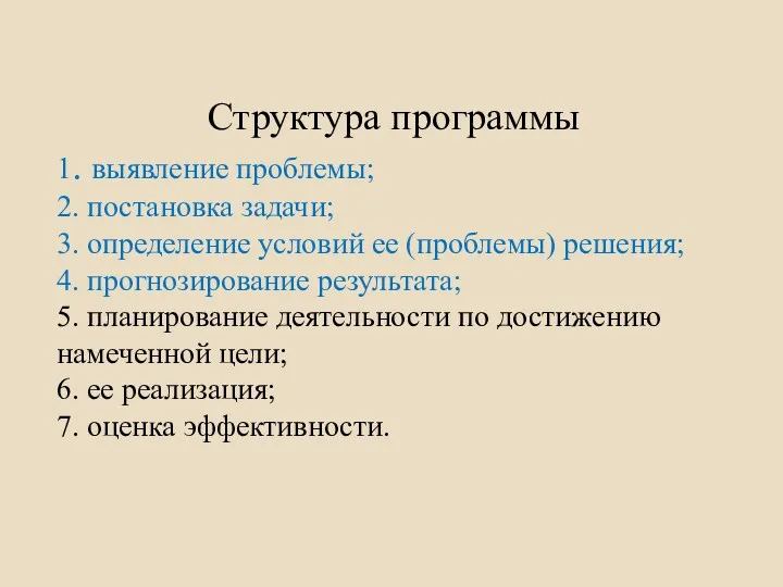 Структура программы 1. выявление проблемы; 2. постановка задачи; 3. определение