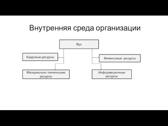 Внутренняя среда организации Вуз Финансовые ресурсы Информационные ресурсы Кадровые ресурсы Материально-технические ресурсы