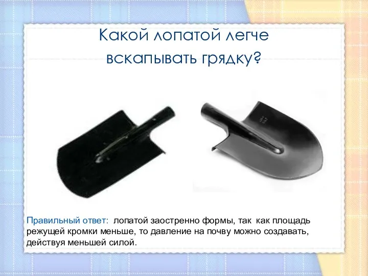 Какой лопатой легче вскапывать грядку? Правильный ответ: лопатой заостренно формы,