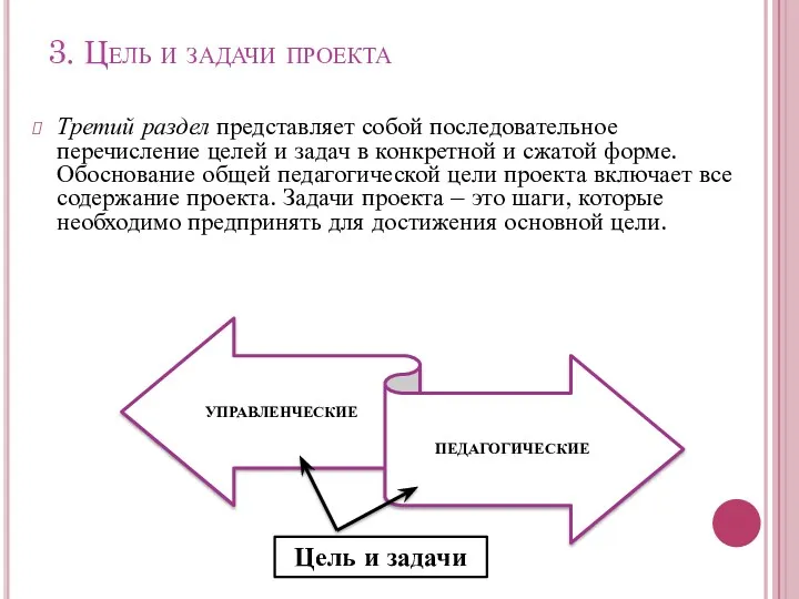 3. Цель и задачи проекта Третий раздел представляет собой последовательное