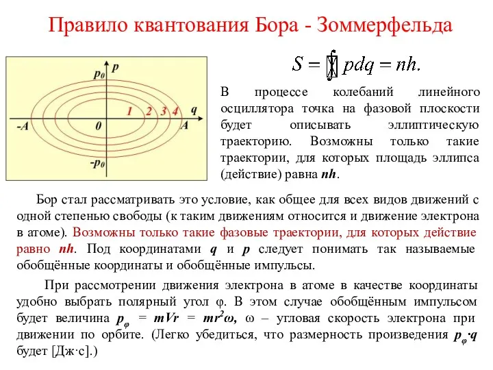 Правило квантования Бора - Зоммерфельда В процессе колебаний линейного осциллятора