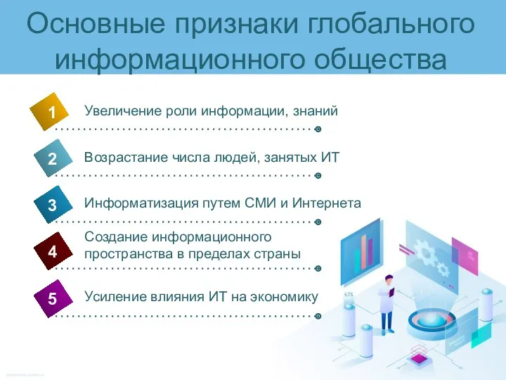 Основные признаки глобального информационного общества 4 Увеличение роли информации, знаний