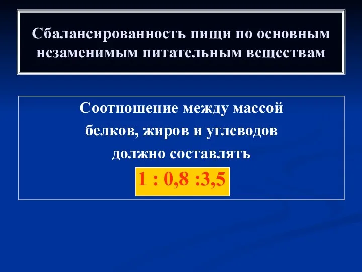 Соотношение между массой белков, жиров и углеводов должно составлять 1