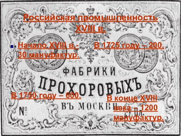 Российская промышленность XVIII в. Начало XVIII в.- 30 мануфактур. В 1725 году –