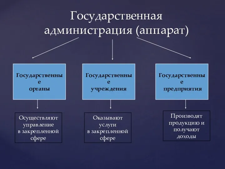 Государственная администрация (аппарат) Государственные органы Государственные учреждения Государственные предприятия Осуществляют