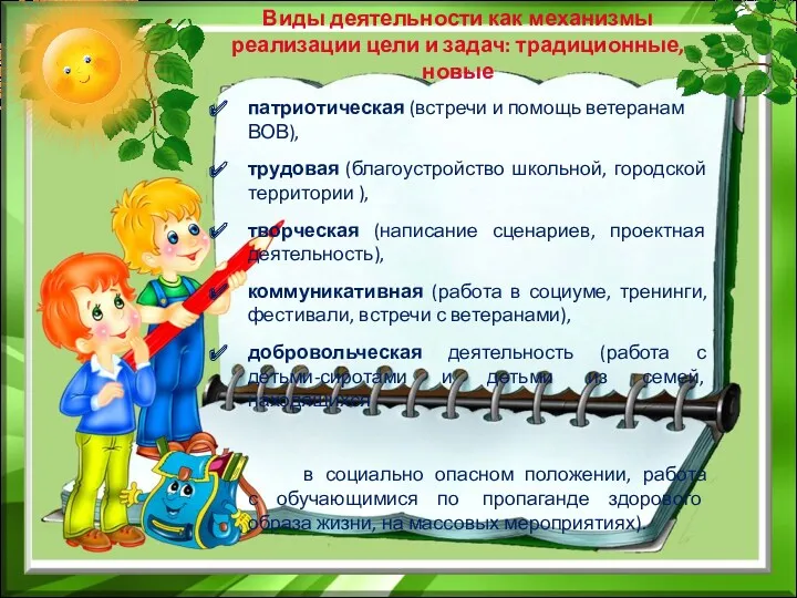 Виды деятельности как механизмы реализации цели и задач: традиционные, новые