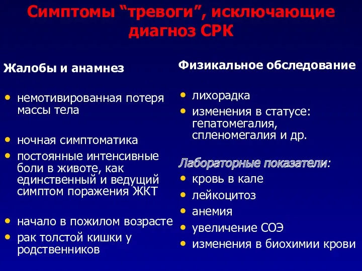 Симптомы “тревоги”, исключающие диагноз СРК Жалобы и анамнез немотивированная потеря