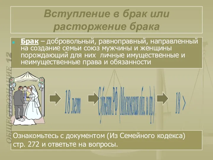 Вступление в брак или расторжение брака Брак – добровольный, равноправный,