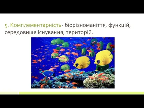 5. Комплементарність- біорізноманіття, функцій, середовища існування, територій.