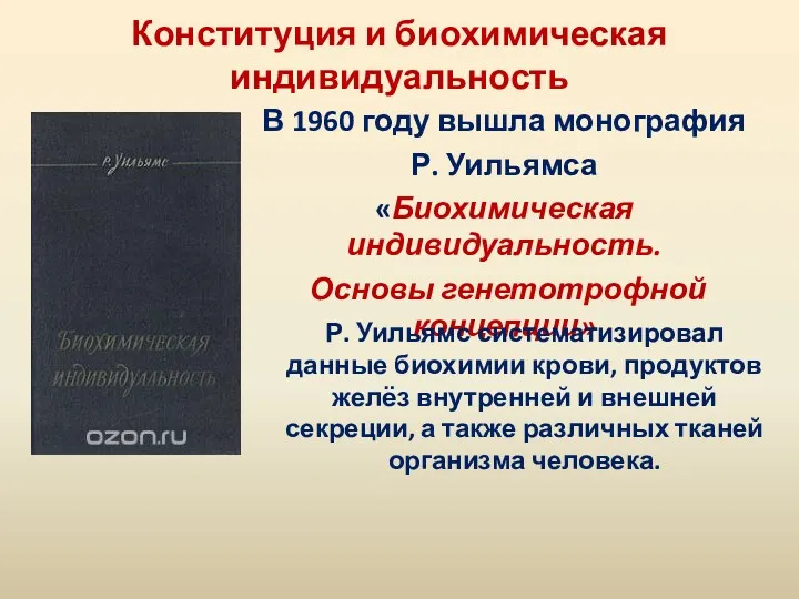 Конституция и биохимическая индивидуальность В 1960 году вышла монография Р. Уильямса «Биохимическая индивидуальность.
