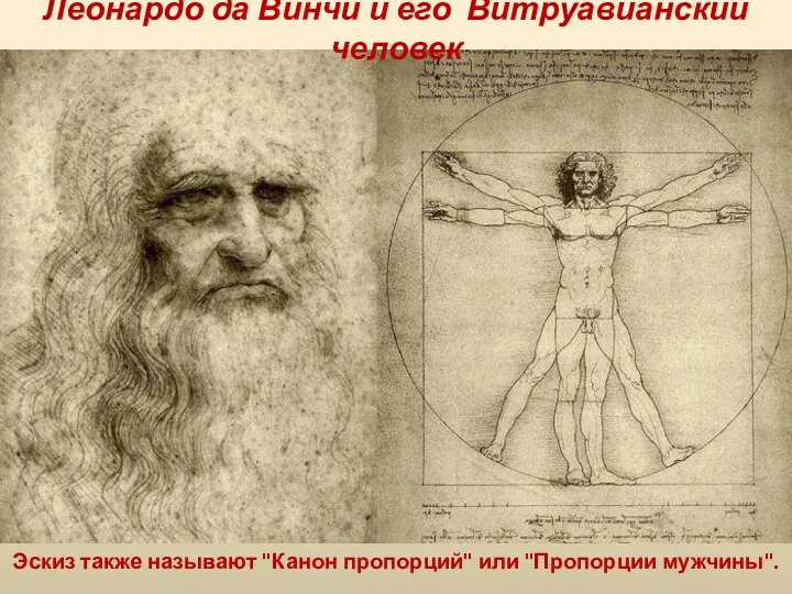 Леонардо да Винчи и его Витруавианский человек Эскиз также называют "Канон пропорций" или "Пропорции мужчины".