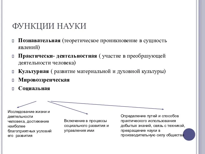 ФУНКЦИИ НАУКИ Познавательная (теоретическое проникновение в сущность явлений) Практически- деятельностная ( участие в