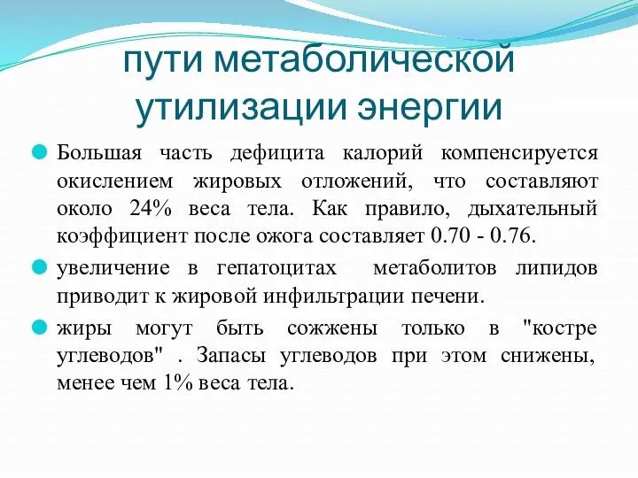 пути метаболической утилизации энергии Большая часть дефицита калорий компенсируется окислением