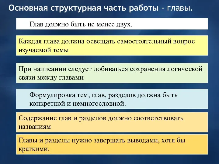 Основная структурная часть работы - главы. Глав должно быть не