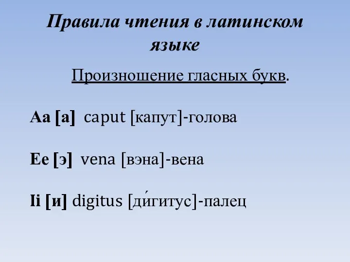 Правила чтения в латинском языке Произношение гласных букв. Аа [а]