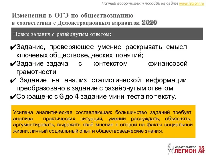 Полный ассортимент пособий на сайте www.legionr.ru Изменения в ОГЭ по обществознанию в соответствии