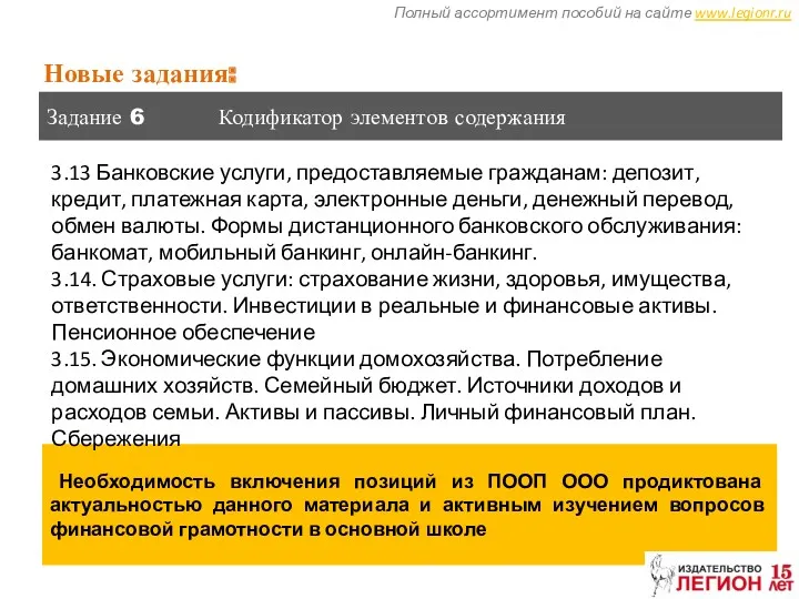 Полный ассортимент пособий на сайте www.legionr.ru Новые задания: Задание 6 Кодификатор элементов содержания