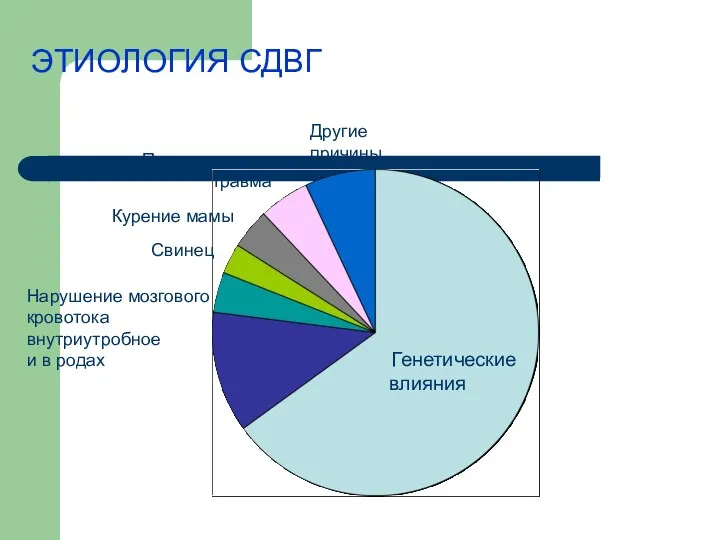 ЭТИОЛОГИЯ СДВГ Нарушение мозгового кровотока внутриутробное и в родах Свинец Курение мамы Перинатальная