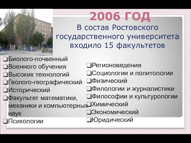 В состав Ростовского государственного университета входило 15 факультетов Биолого-почвенный Военного