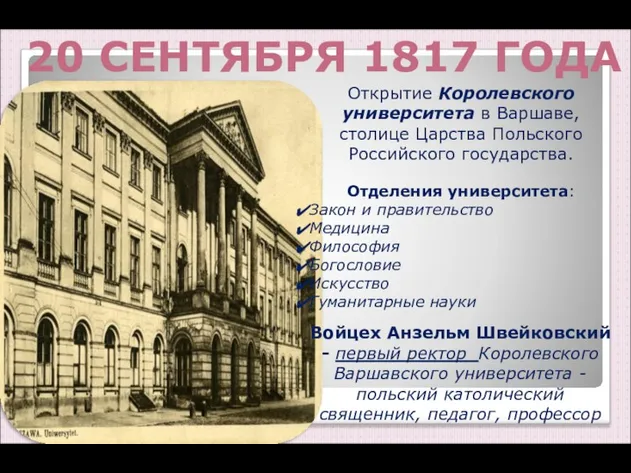 20 СЕНТЯБРЯ 1817 ГОДА Открытие Королевского университета в Варшаве, столице