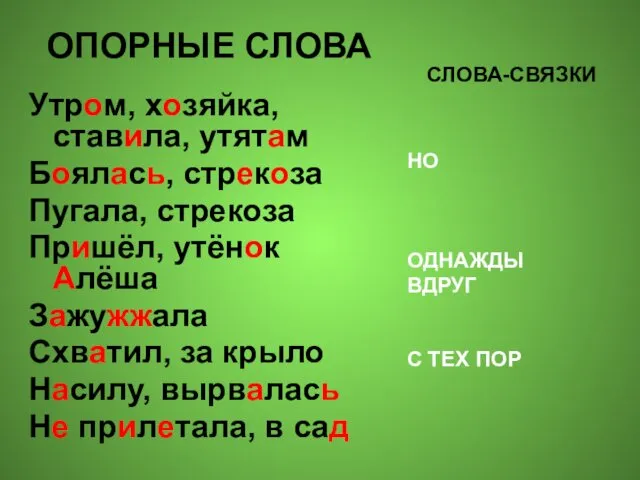 ОПОРНЫЕ СЛОВА Утром, хозяйка, ставила, утятам Боялась, стрекоза Пугала, стрекоза Пришёл, утёнок Алёша