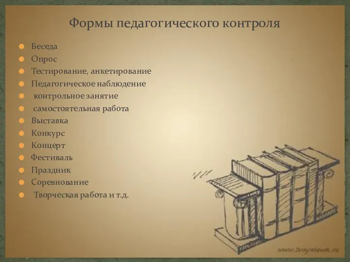 Беседа Опрос Тестирование, анкетирование Педагогическое наблюдение контрольное занятие самостоятельная работа