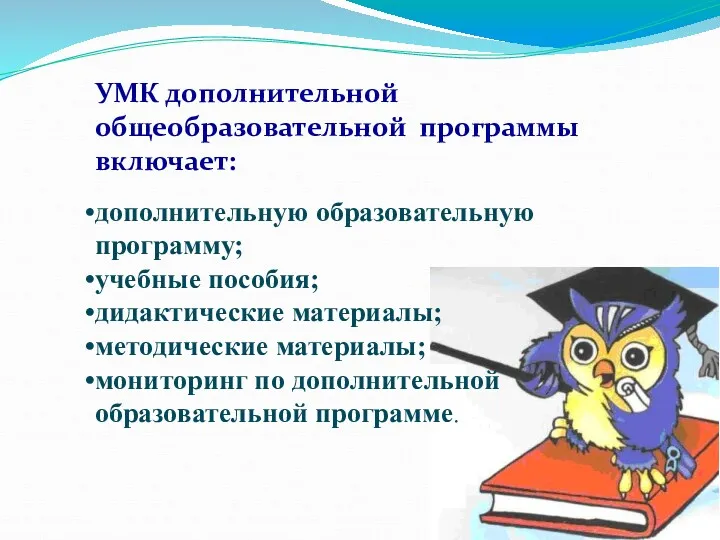 УМК дополнительной общеобразовательной программы включает: дополнительную образовательную программу; учебные пособия;