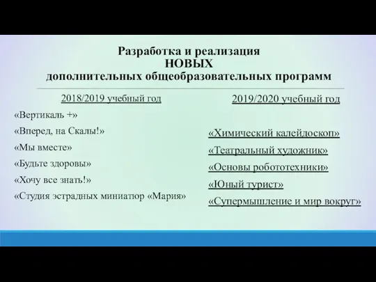 Разработка и реализация НОВЫХ дополнительных общеобразовательных программ 2018/2019 учебный год