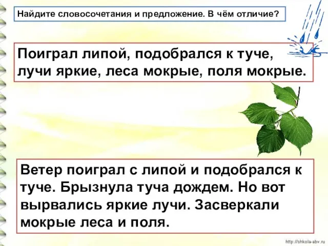 Найдите словосочетания и предложение. В чём отличие? Ветер поиграл с