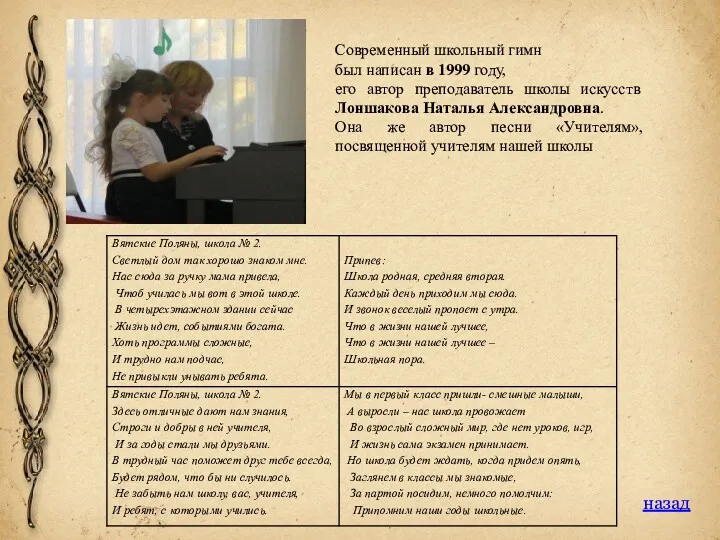 Современный школьный гимн был написан в 1999 году, его автор