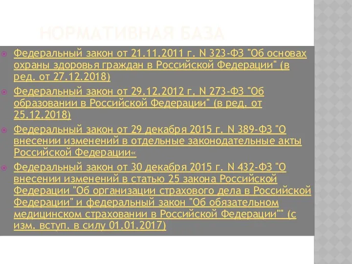 НОРМАТИВНАЯ БАЗА Федеральный закон от 21.11.2011 г. N 323-ФЗ "Об