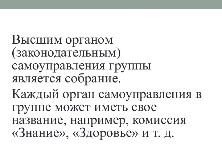 Высшим органом (законодательным) самоуправления группы является собрание. Каждый орган самоуправления