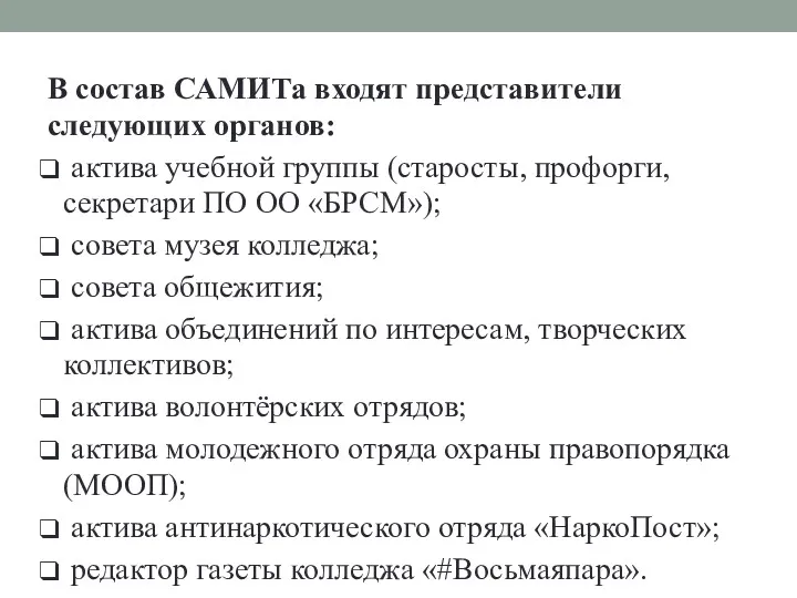 В состав САМИТа входят представители следующих органов: актива учебной группы