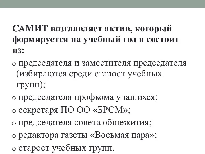 САМИТ возглавляет актив, который формируется на учебный год и состоит