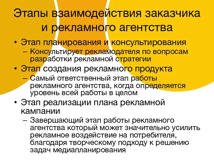 Этапы взаимодействия заказчика и рекламного агентства Этап планирования и консультирования