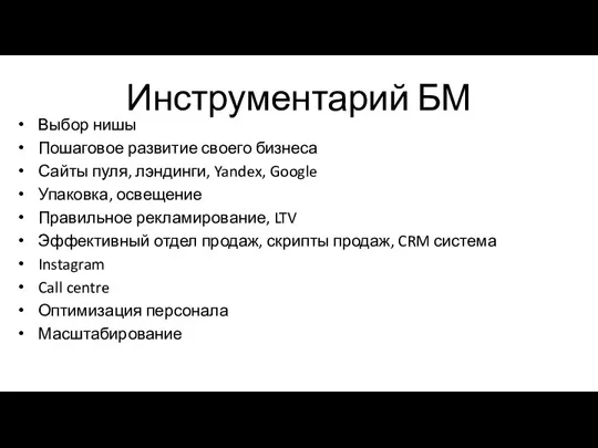 Инструментарий БМ Выбор нишы Пошаговое развитие своего бизнеса Сайты пуля, лэндинги, Yandex, Google
