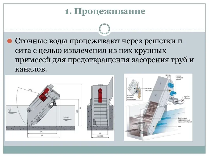 1. Процеживание Сточные воды процеживают через решетки и сита с