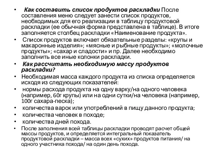 Как составить список продуктов раскладки После составления меню следует занести