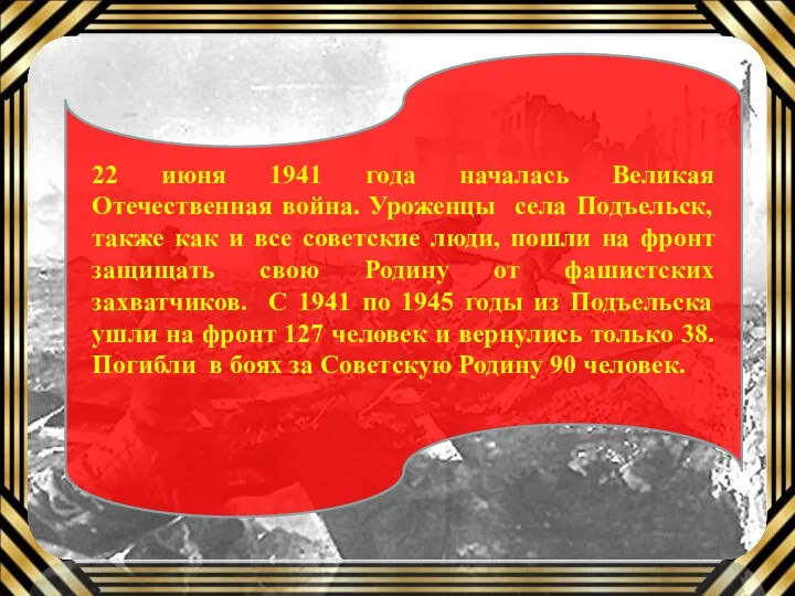 Заголовок слайда Текст 22 июня 1941 года началась Великая Отечественная война. Уроженцы села