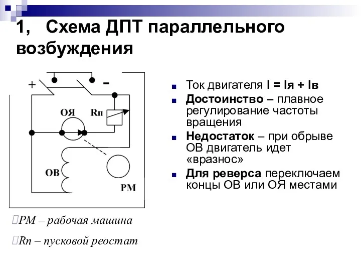 1, Схема ДПТ параллельного возбуждения Ток двигателя I = Iя