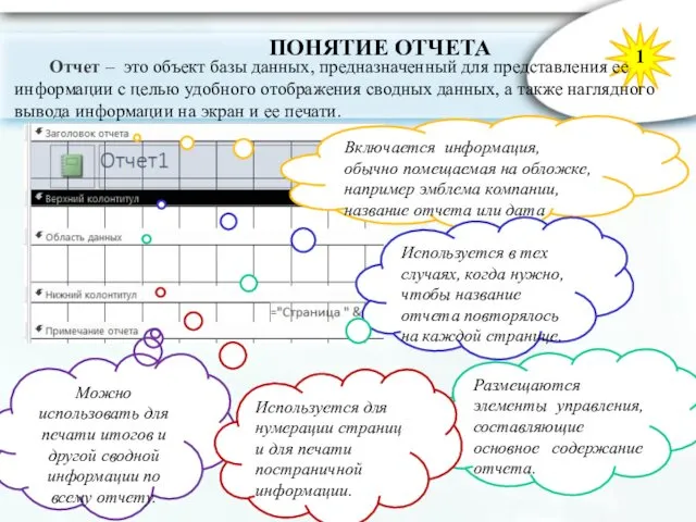 ПОНЯТИЕ ОТЧЕТА 1 Отчет – это объект базы данных, предназначенный