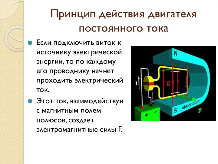 Принцип действия двигателя постоянного тока Если подключить виток к источнику