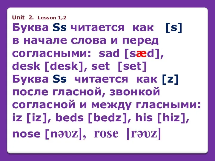 Unit 2. Lesson 1,2 Буква Ss читается как [s] в начале слова и