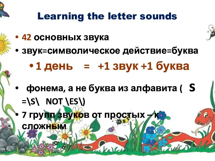Learning the letter sounds 42 основных звука звук=символическое действие=буква 1