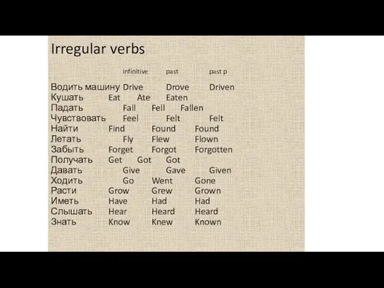 Irregular verbs infinitive past past p Водить машину Drive Drove